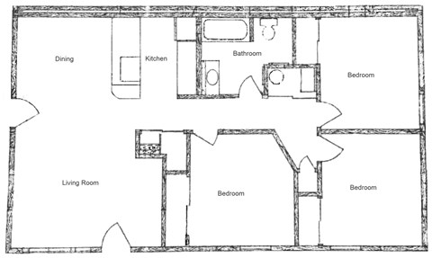Floor plan for 3 beds, 1 bath, 1006 sqft